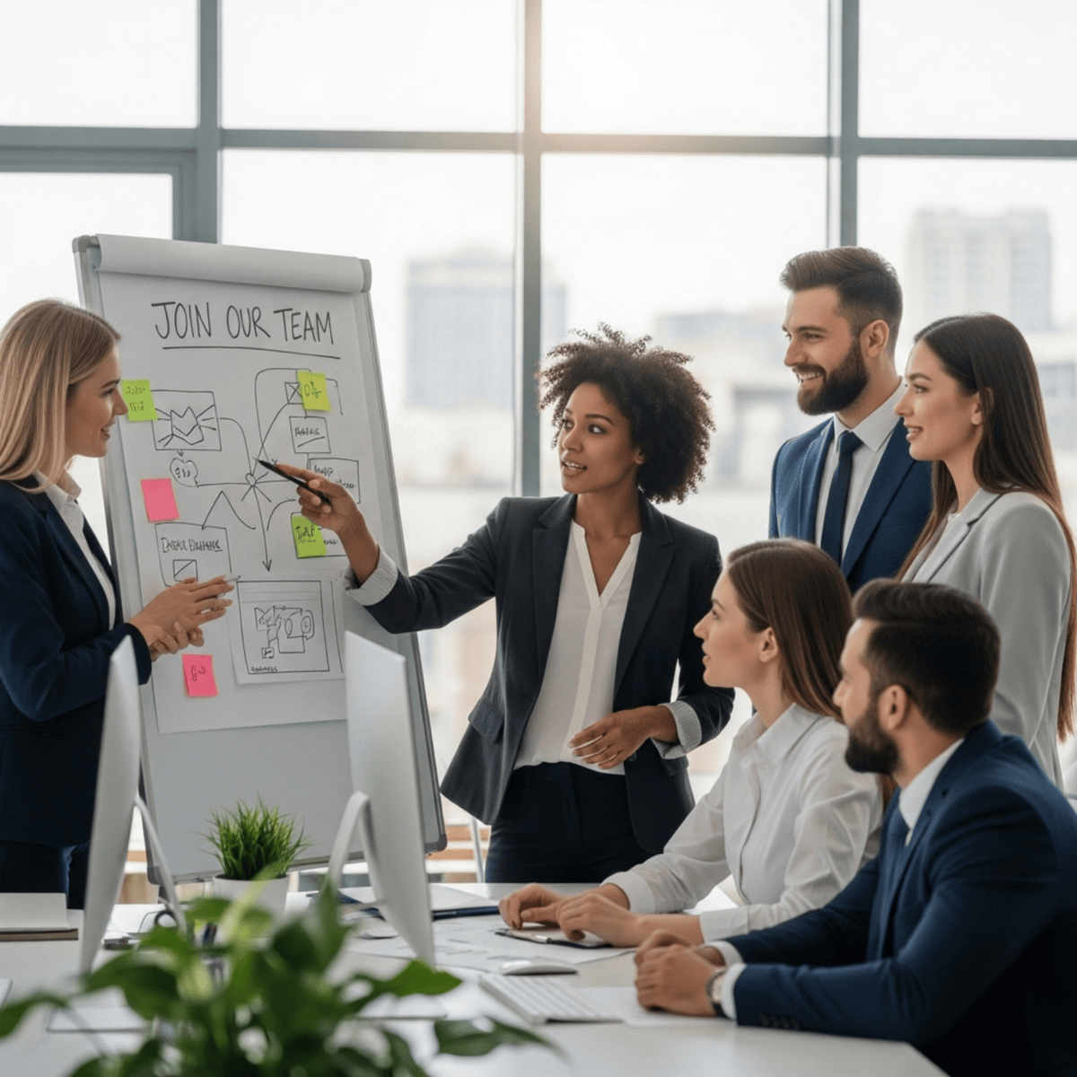 A diverse group of professionals in a modern office gathered around a whiteboard. A Black woman is pointing to a diagram on the board, which has "JOIN OUR TEAM" written at the top, while her colleagues listen attentively. Meta Description: A high-quality stock photo of a diverse and collaborative team in a bright, modern office. This image is perfect for illustrating concepts of teamwork, business strategy, and career opportunities, especially for "we're hiring" announcements.