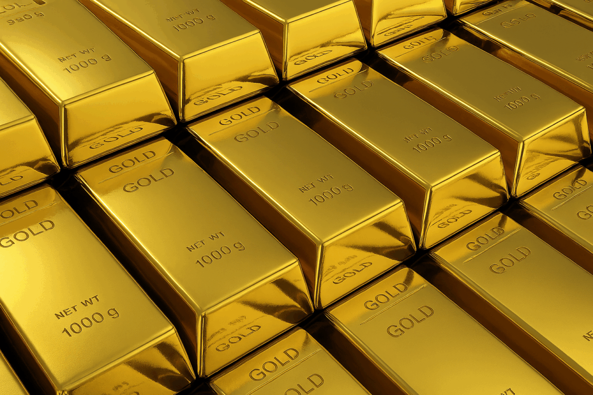 Stacked gold bars labeled 'FINE GOLD 999.9 NET WT 1000 g', representing wealth and investment value related to gold prices."