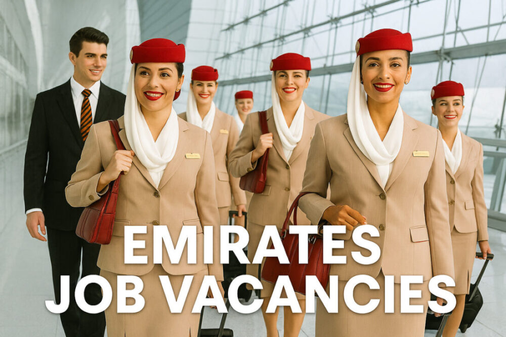 A group of Emirates airline crew members walking through a modern airport terminal, dressed in beige uniforms with red hats and white scarves, accompanied by the text "Emirates Job Vacancies."