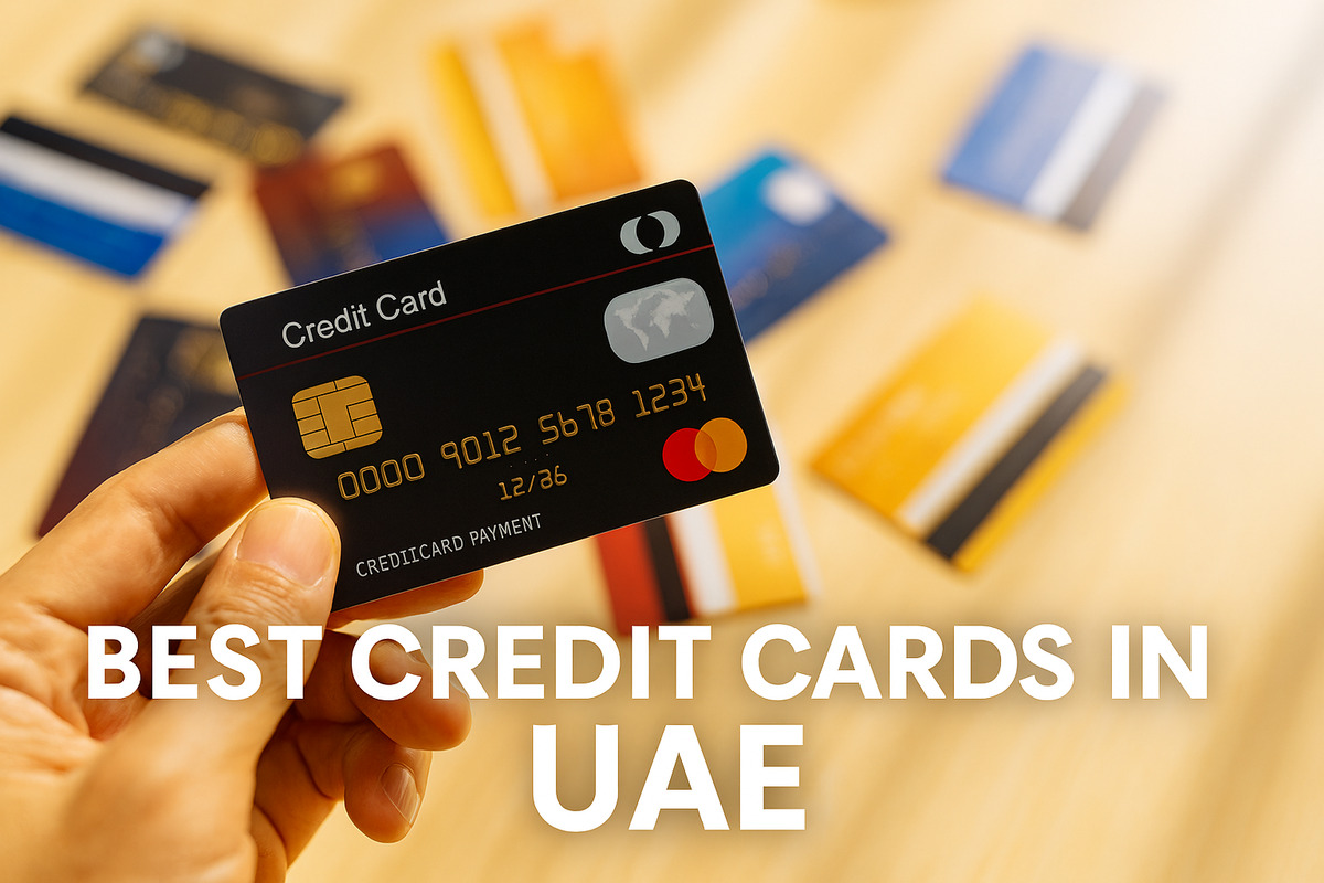 A high-resolution image showcasing premium credit cards arranged stylishly with the caption “Best Credit Cards in UAE” in a modern, elegant font.