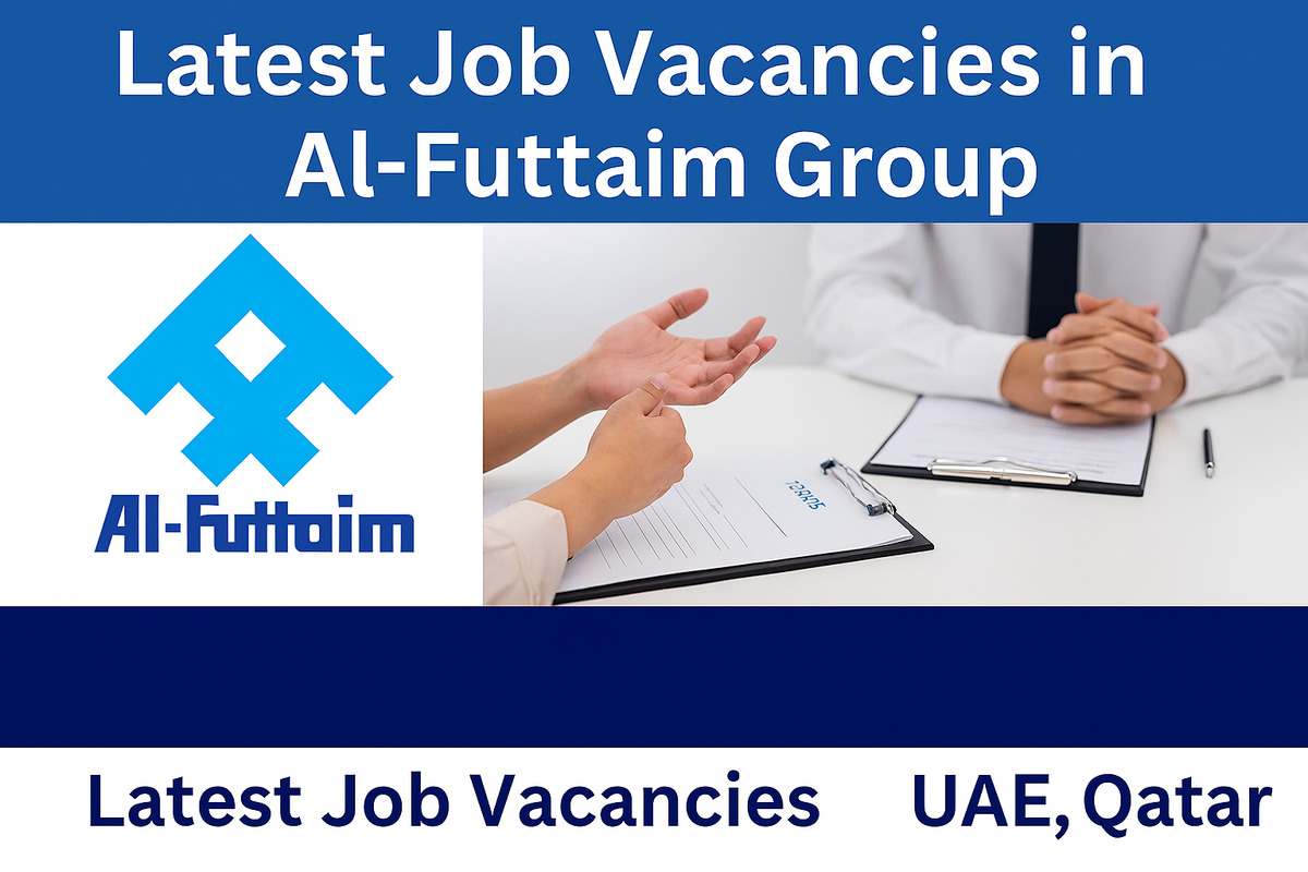 Advertisement for Al-Futtaim Group job vacancies in UAE and Qatar. The image features the Al-Futtaim logo and the text "Latest Job Vacancies in Al-Futtaim Group – UAE, QATAR." Two individuals are seated at a table with resumes and pens on clipboards. The design is professional and recruitment-themed, with branding elements and a clean layout.